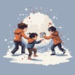 Illustration of children in a snowball fight. 