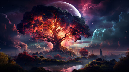 Wall Mural - huge trees of life blend with psychedelic colored galaxies with stars, galaxy clouds 3d generative ai
