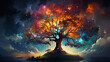 huge trees of life blend with psychedelic colored galaxies with stars, galaxy clouds 3d generative ai
