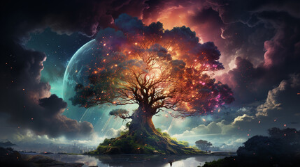 Wall Mural - huge trees of life blend with psychedelic colored galaxies with stars, galaxy clouds 3d generative ai