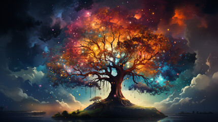 Wall Mural - huge trees of life blend with psychedelic colored galaxies with stars, galaxy clouds 3d generative ai
