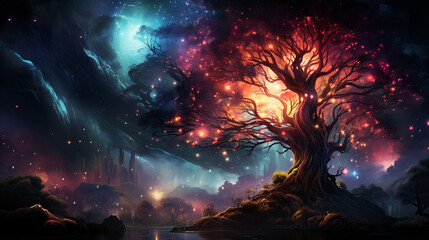 huge trees of life blend with psychedelic colored galaxies with stars, galaxy clouds 3d generative ai