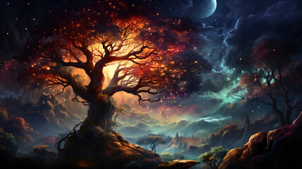 Wall Mural - huge trees of life blend with psychedelic colored galaxies with stars, galaxy clouds 3d generative ai