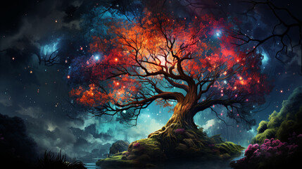 Wall Mural - huge trees of life blend with psychedelic colored galaxies with stars, galaxy clouds 3d generative ai