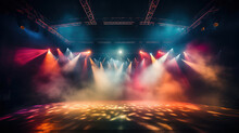 Empty Night Club Stage Illuminated With Red And Blue Spotlights. Retro Dance Floor. Scene With Laser Beams, Lamps ,billowing Smoke. Disco Dancing Area Interior. Party Background