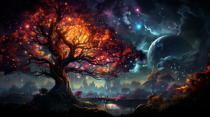 Wall Mural - huge trees of life blend with psychedelic colored galaxies with stars, galaxy clouds 3d generative ai