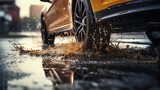 Fototapeta  - The car drives through puddles after the rain. Close-up of car tires and splashes of water on wet asphalt in the rain. Driving extreme