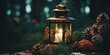 a lantern aglow with warm candlelight, surrounded by pinecones