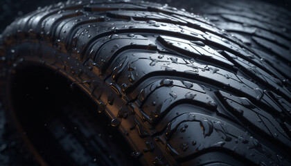 Wall Mural - Wet rubber tire on slippery winter road, reflecting metal truck generated by AI