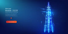 Antenna Transmission Communication Tower, 5G Technology, Telecommunication Industry, Telecom Network, Broadcast Television. Digital Transformation IoT (Internet Of Things). Tower In Low Poly Style.
