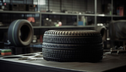 Poster - Auto mechanic repairing car tire with shiny alloy wheel equipment generated by AI