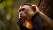 Young macaque sitting in tropical rainforest tree generated by AI
