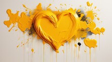  A Yellow Heart Shaped Painting On A White Wall With Paint Splatters.  Generative Ai
