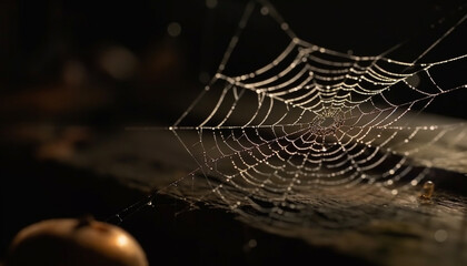 Wall Mural - Spooky spider web traps dew drops outdoors generated by AI