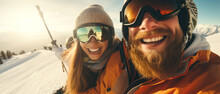 Selfie Of Smiling Snowboarders Or Skiers Couple In Equipment On Snowy Mountain Resort. Winter Traveling, Vacation.Generative Ai