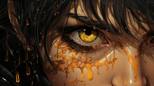 Close Up Of Detailed Vampire Anime Style Yellow Eyes Black Tear Mark