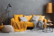 yellow cloth blanket on grey contemporary soft and comfort armchair close up beautiful cosy living room interior design detail element house design concept