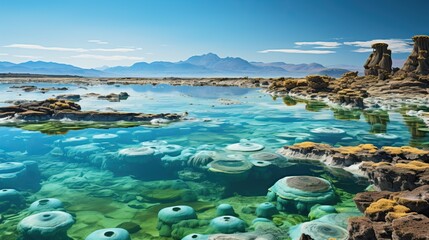 Canvas Print - a body of water with rocks and mountains in the background