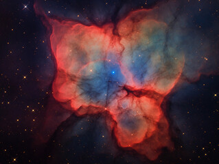 Wall Mural - trifid nebula, youthful star - forming region, sharp detail, color contrast of red emission and blue
