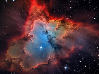 Wall Mural - trifid nebula, youthful star - forming region, sharp detail, color contrast of red emission and blue