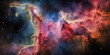 Carina Nebula, bursting with hot pink, neon green, and deep blues, vibrant energy, young star clusters