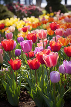 A Vibrant Garden Patch Displaying Tulips In A Medley Of Radiant Colors.