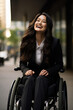 CuteJapanese modern woman, 30 years old, paraplegic in wheelchair, Tight-skirted suit and pin-heeled pumps