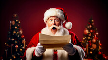Santa Clause Holding Piece Of Paper With Surprised Look On His Face.