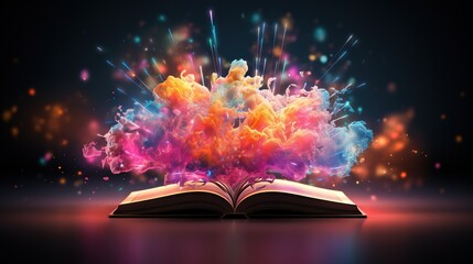  an open book with colorful powder flying out of it's pages.  generative ai