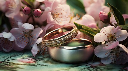 Sticker -  two wedding rings sitting on top of each other near flowers.  generative ai