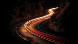 Fototapeta  - Speeding car on multiple lane highway creates light trail at dusk generated by AI