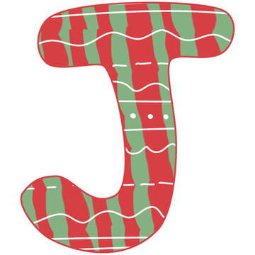 the letter J, Christmas alphabet, red and green color with white line and dot, hand drawn, isolate on white background, letters xmas illustration