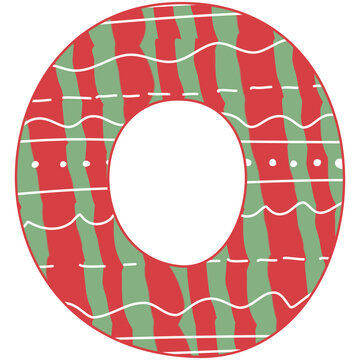 the letter O, Christmas alphabet, red and green color with white line and dot, hand drawn, isolate on white background, letters xmas illustration