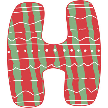 the letter H, Christmas alphabet, red and green color with white line and dot, hand drawn, isolate on white background, letters xmas illustration