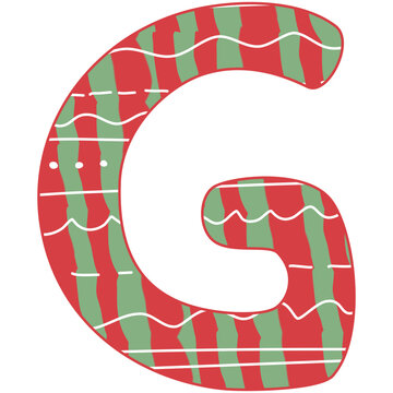 the letter G, Christmas alphabet, red and green color with white line and dot, hand drawn, isolate on white background, letters xmas illustration