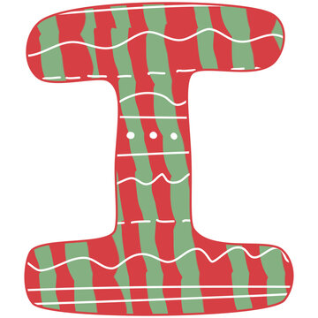 the letter I, Christmas alphabet, red and green color with white line and dot, hand drawn, isolate on white background, letters xmas illustration