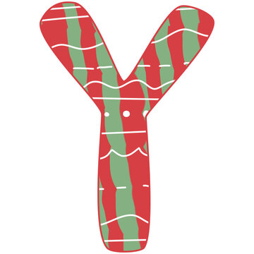 the letter Y, Christmas alphabet, red and green color with white line and dot, hand drawn, isolate on white background, letters xmas illustration