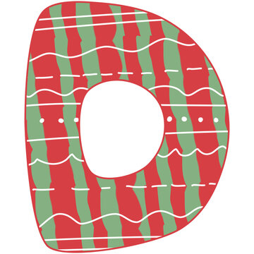 the letter D, Christmas alphabet, red and green color with white line and dot, hand drawn, isolate on white background, letters xmas illustration
