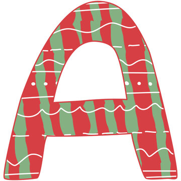 the letter A, Christmas alphabet, red and green color with white line and dot, hand drawn, isolate on white background, letters xmas illustration