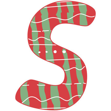 the letter S, Christmas alphabet, red and green color with white line and dot, hand drawn, isolate on white background, letters xmas illustration