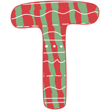 the letter T, Christmas alphabet, red and green color with white line and dot, hand drawn, isolate on white background, letters xmas illustration