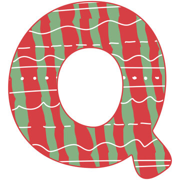 the letter Q, Christmas alphabet, red and green color with white line and dot, hand drawn, isolate on white background, letters xmas illustration