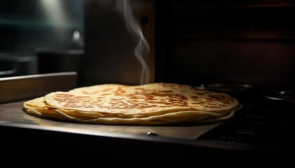 Wall Mural - Freshly baked homemade pancakes stack on dark wooden table ready to eat generated by AI