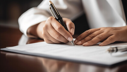 Business person holding ballpoint pen, writing contract on desk indoors generated by AI