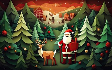 Wall Mural - santa, reindeer and christmas trees Generative AI