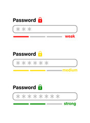 Poster - Password weak, medium and strong bar icon. Digital cyber security. Authorization window, login for entering in account or email. vector