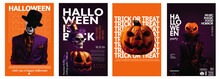 Set Of 4 Halloween Poster With Vibrant Orange And Purple Color Combination, Typography Art Unique Poster Design, Trick Or Treat, Pumpkin, Skull Skeleton Vector Illustration