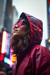 a woman wearing a red raincoat and sunglasses