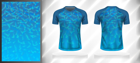 Vector sport pattern design template for V-neck T-shirt front and back with short sleeve view mockup. Shades of blue color gradient abstract grunge texture background illustration.