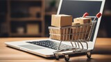 Fototapeta  - Small shopping cart standing in front of laptop, online shopping concept, plush box, paper bag, laptop, smartphone, credit card